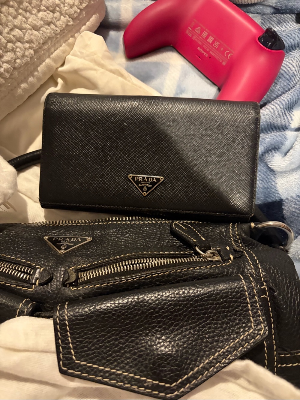 Prada Black Leather Wallet and Black Pebbled Leather Bag Set